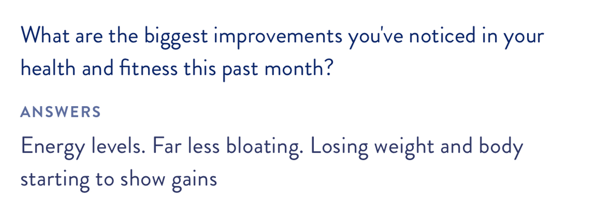 Member quote — energy levels, less bloating, gains